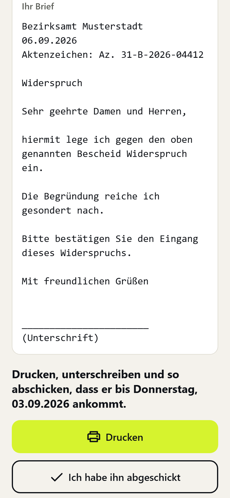 Der Widerspruch, fertig zum Drucken